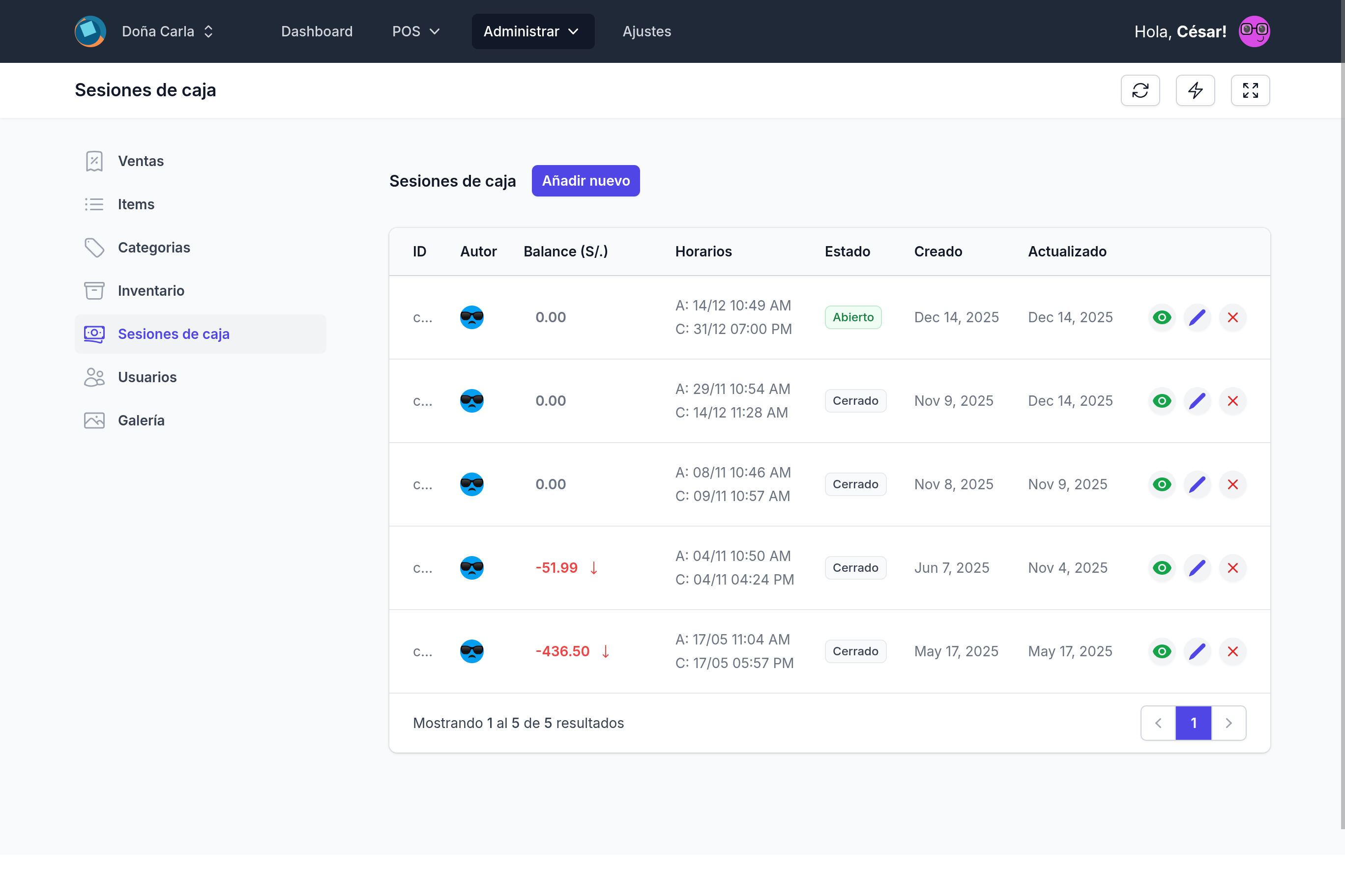 El Menú — Caja: vista de la app