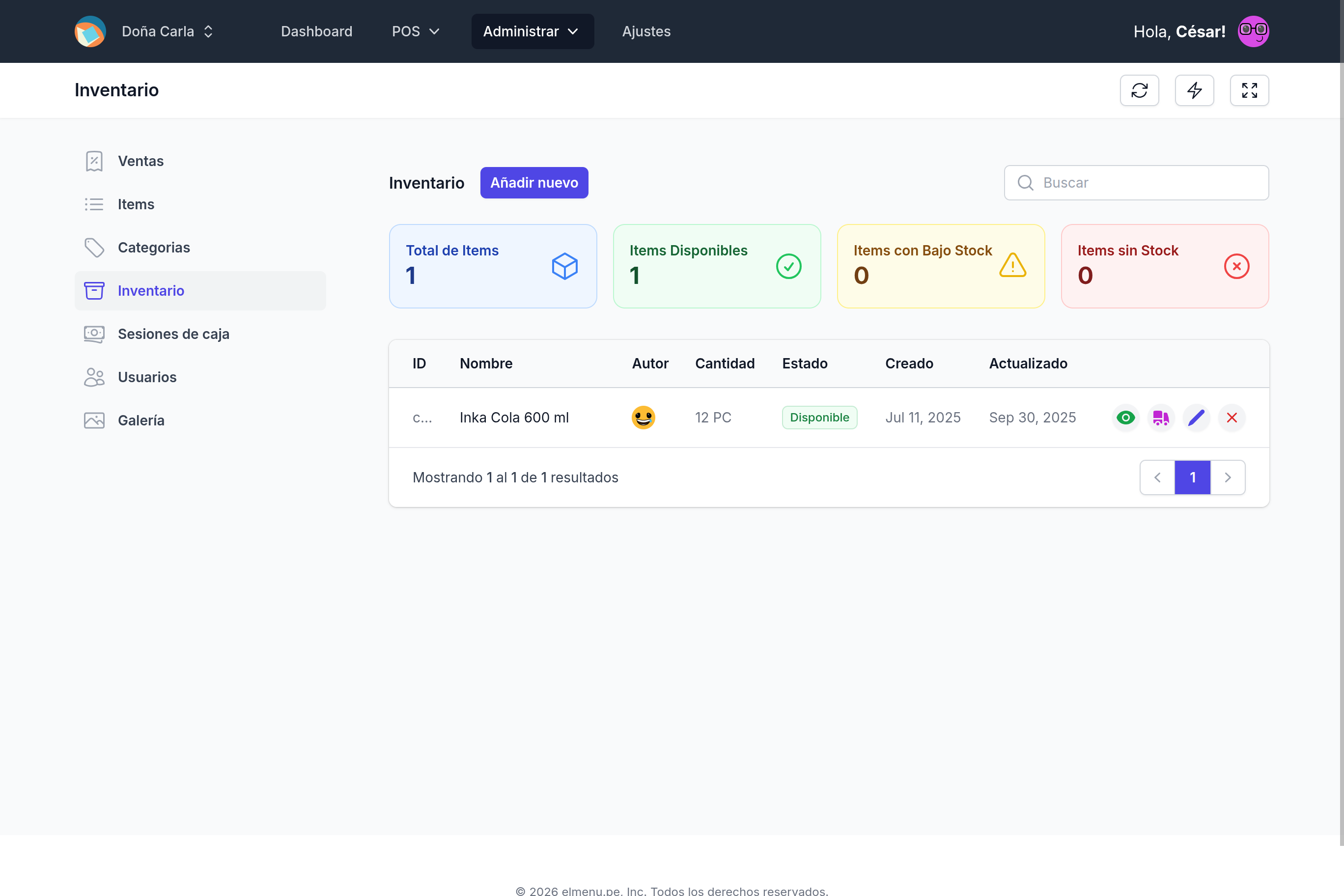 El Menú — Inventario: vista de la app