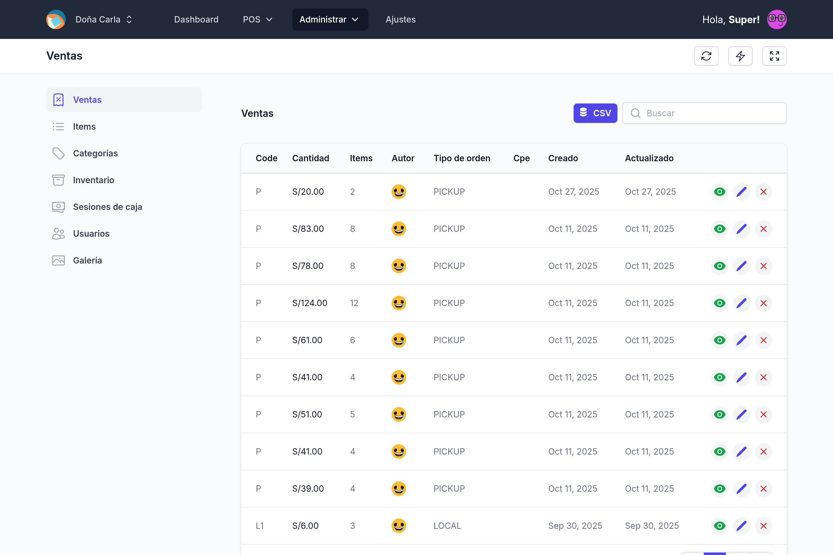 El Menú — Ventas: vista de la app